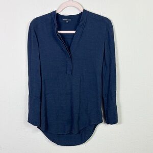 James Perse Linen Blend Black Label Dark Navy Blue V-neck Ling Sleeve size 0